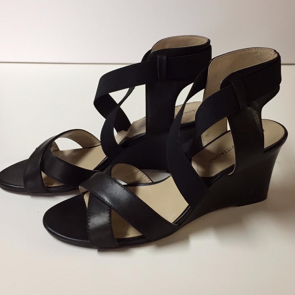 Black leather strappy wedge heels